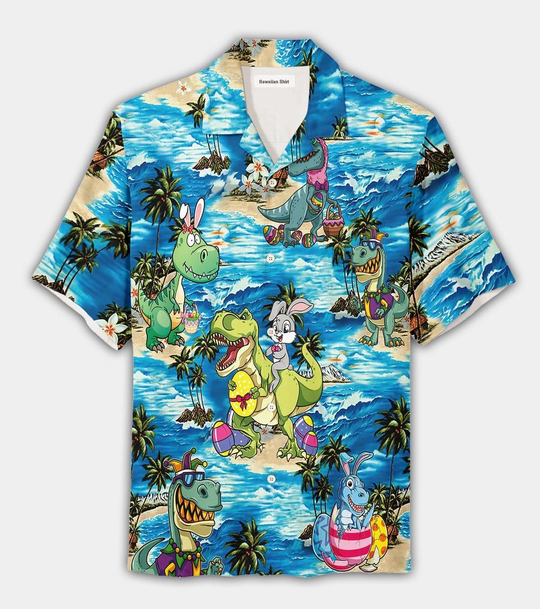 Felacia [Hawaii Shirt] Happy Easter 2021 Funny Bunny Riding Dinosaur Unisex Hawaiian Aloha Shirts-ZX3218